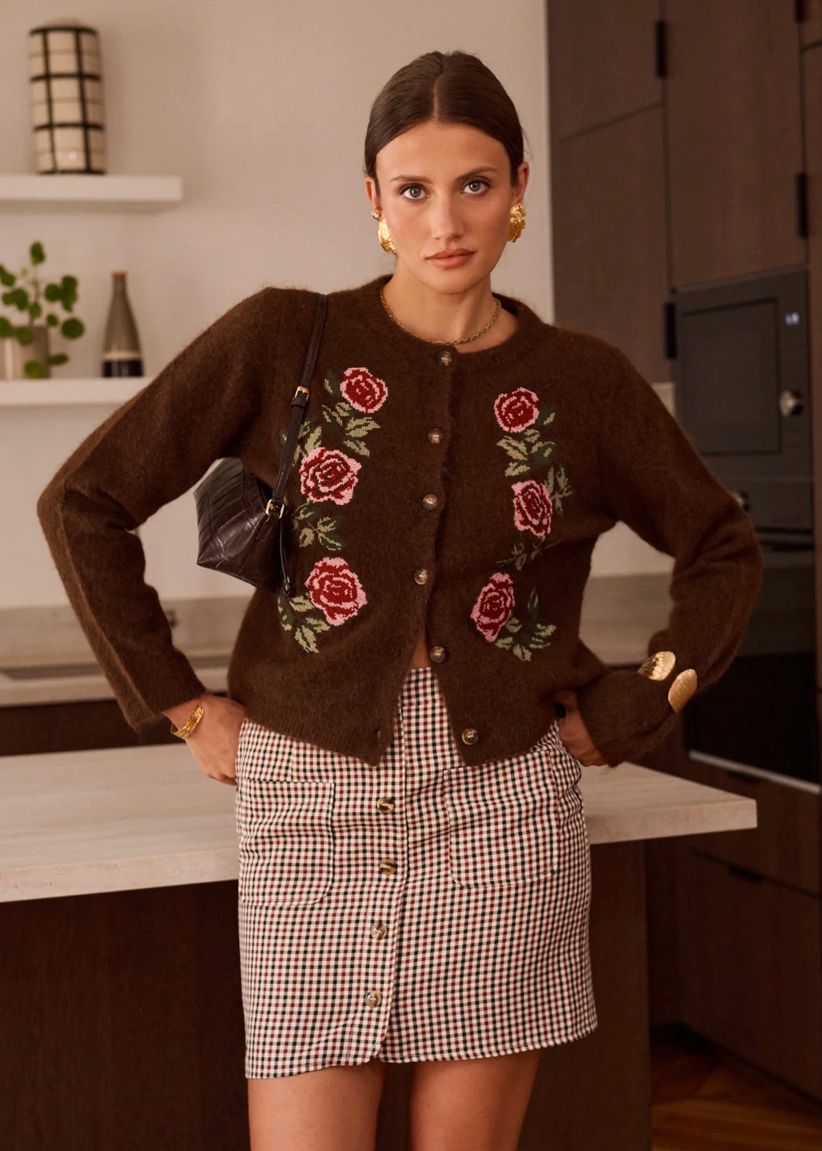 Gilet maille à broderies - Chocolat