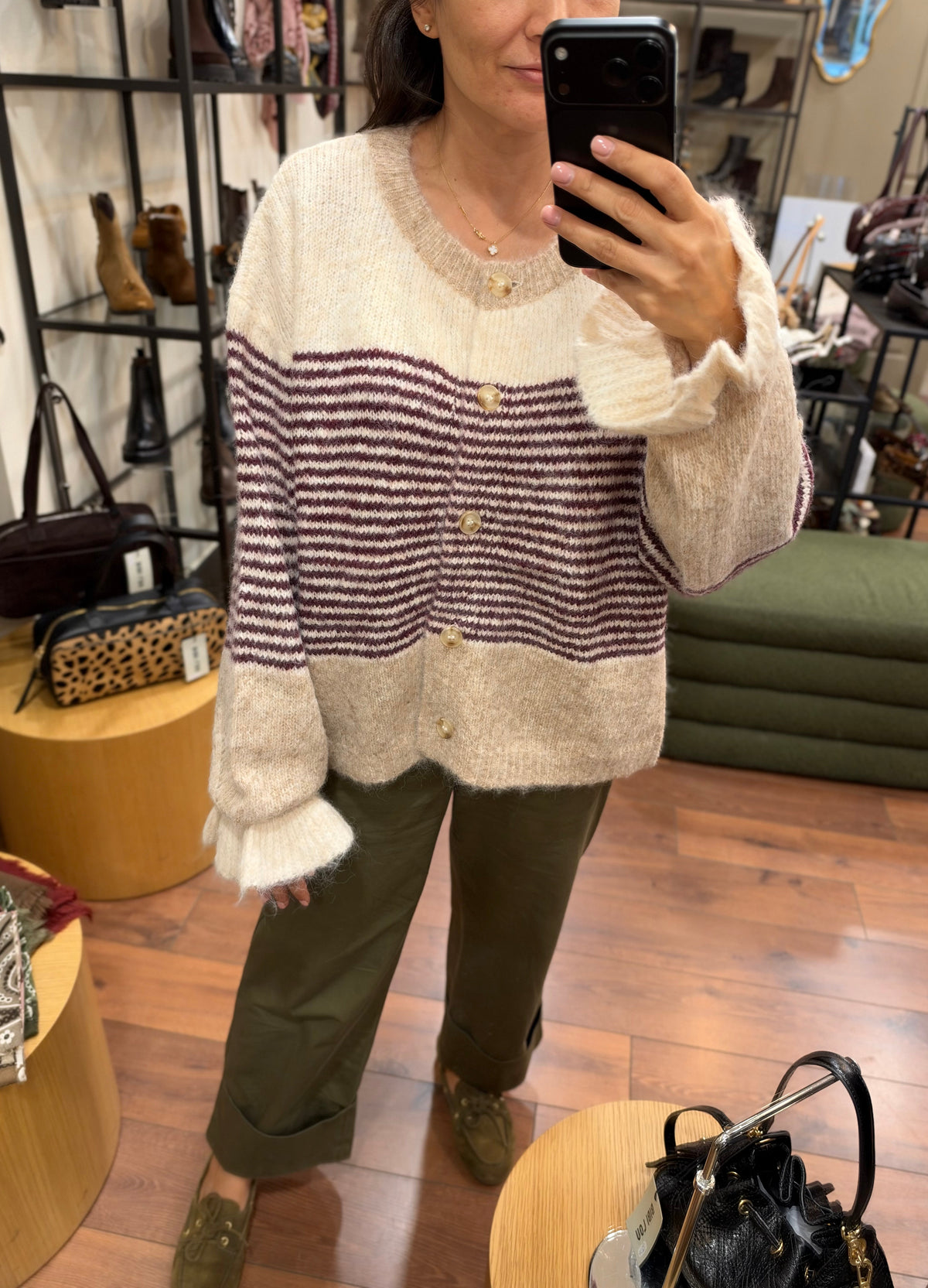 Gilet maille à rayures - beige/bordeaux