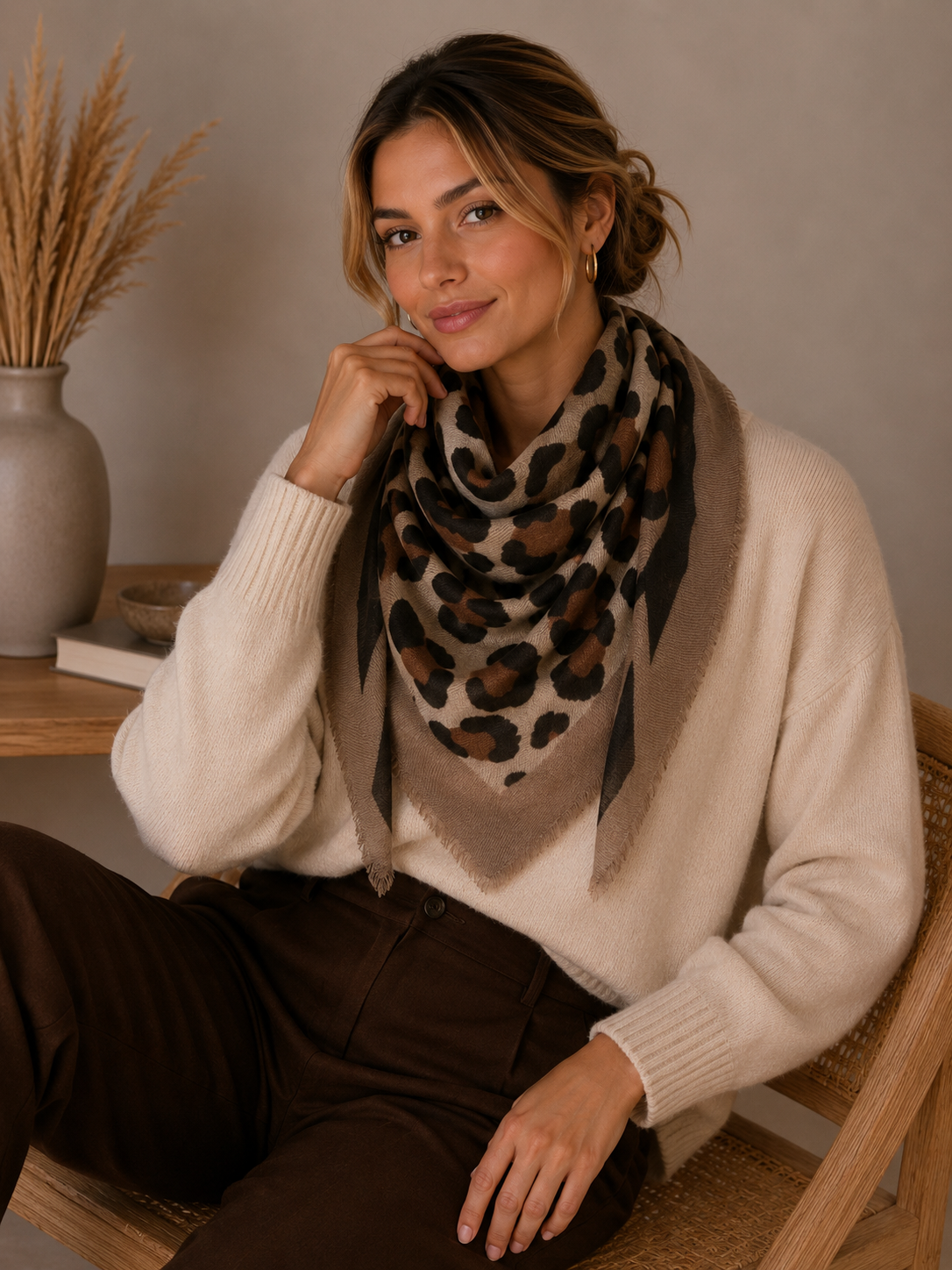 Foulard Carré lainé - léopard marron