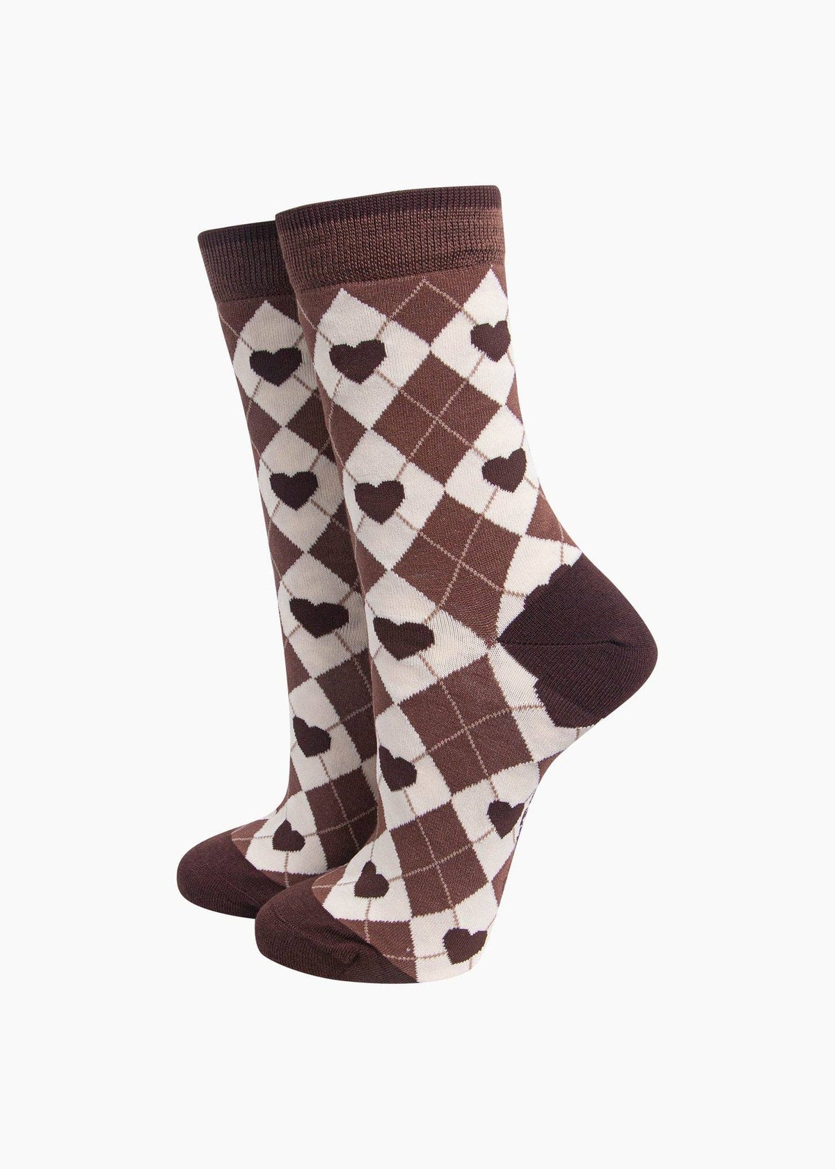 Sock Talk - Chaussettes pour femmes en bambou, motif argyle cœur — Marron/Crème - L'adresse Corte