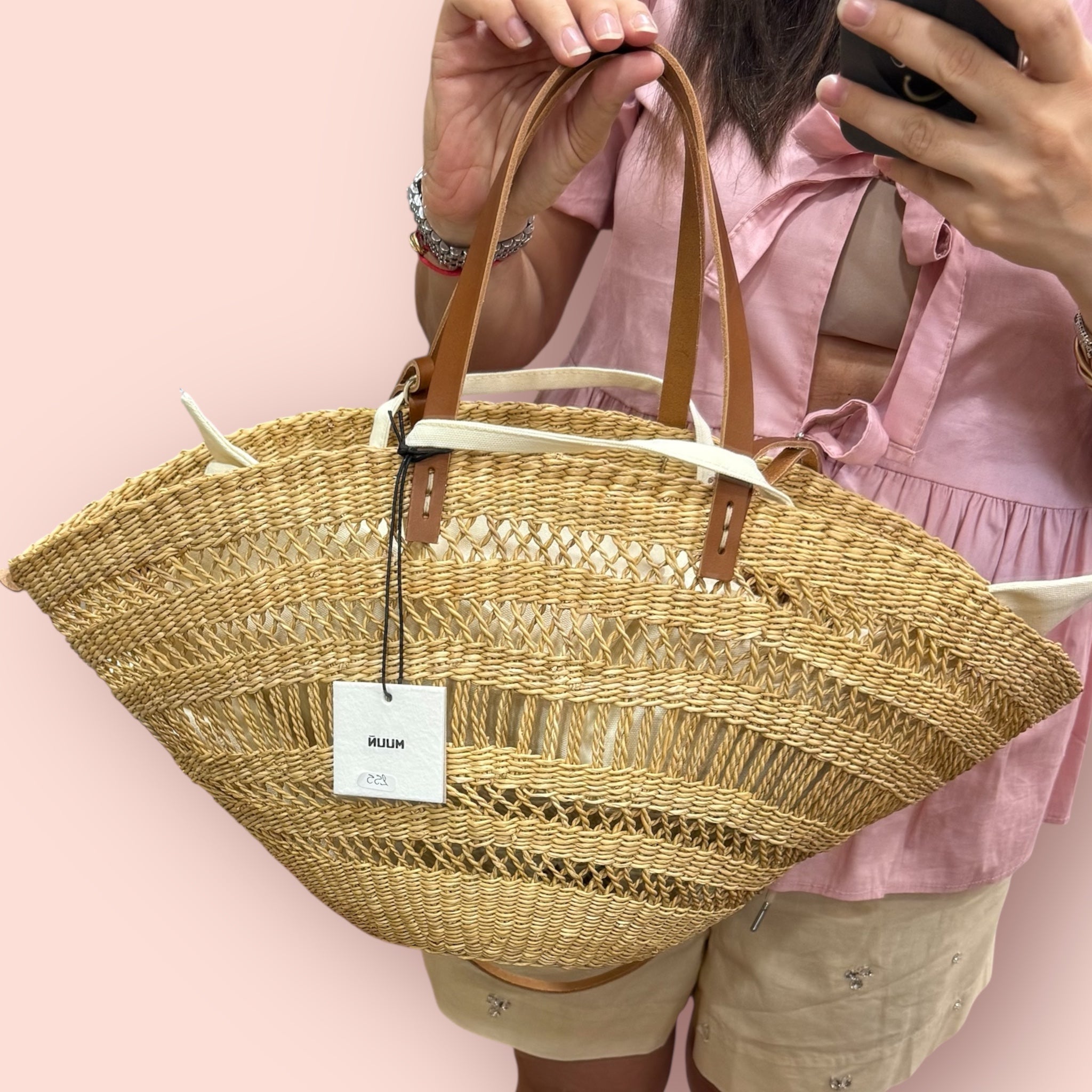 Panier Muuñ m Colette - Natural - Tan leather - Ecru pouch Muuñ