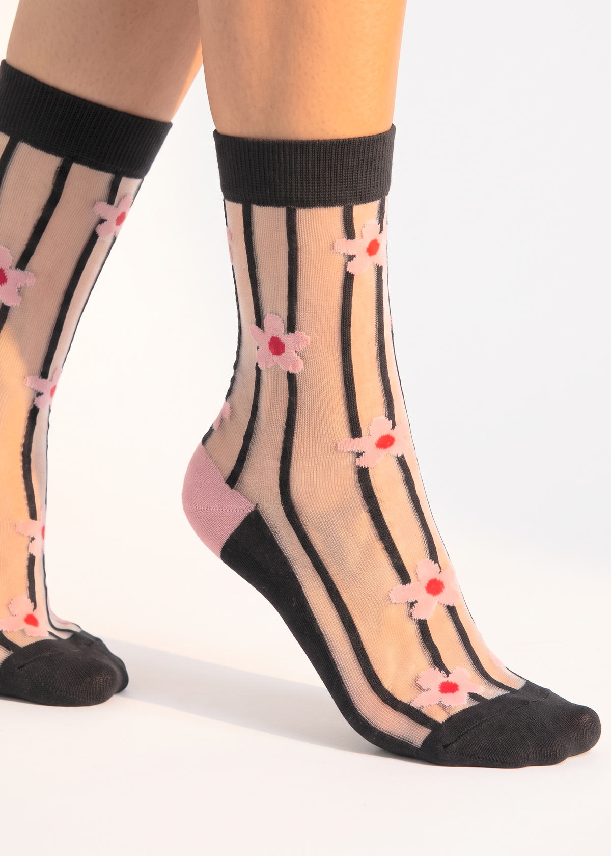 Sock Talk - Chaussettes transparentes à rayures et marguerites en Noir/Rose - L'adresse Corte 