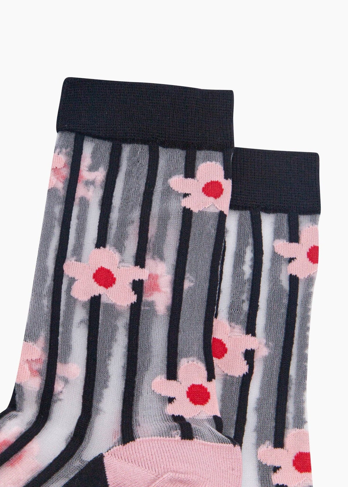 Sock Talk - Chaussettes transparentes à rayures et marguerites en Noir/Rose - L'adresse Corte 