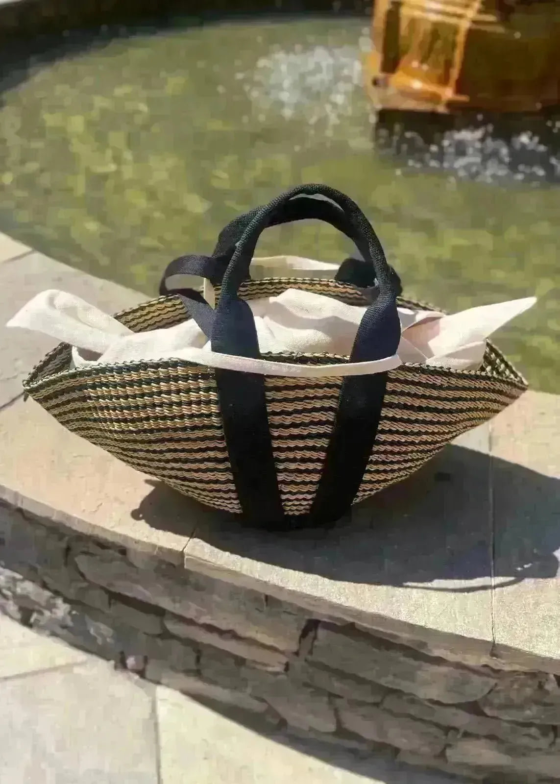 Panier Muuñ Sophie Mstripe - Natural/Black - Black Handles - L'adresse Corte