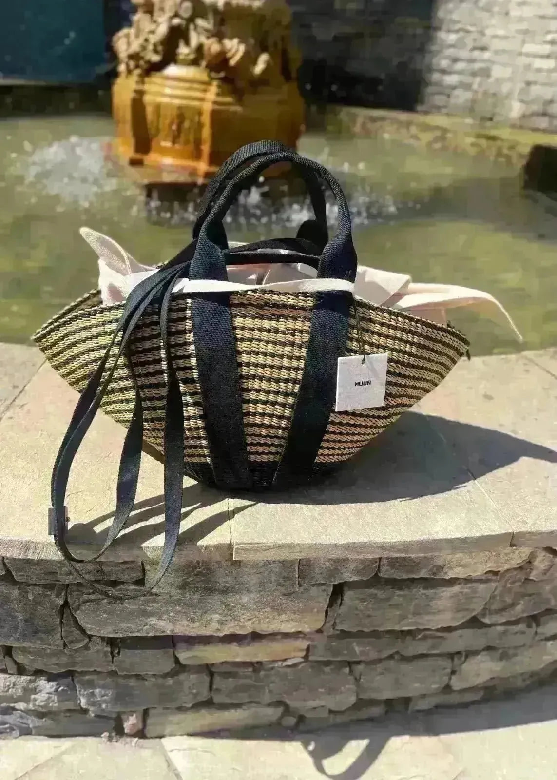 Panier Muuñ Sophie Mstripe - Natural/Black - Black Handles - L'adresse Corte